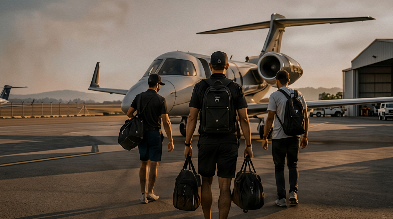 Group crossing the tarmac toward a jet with golf travel bags