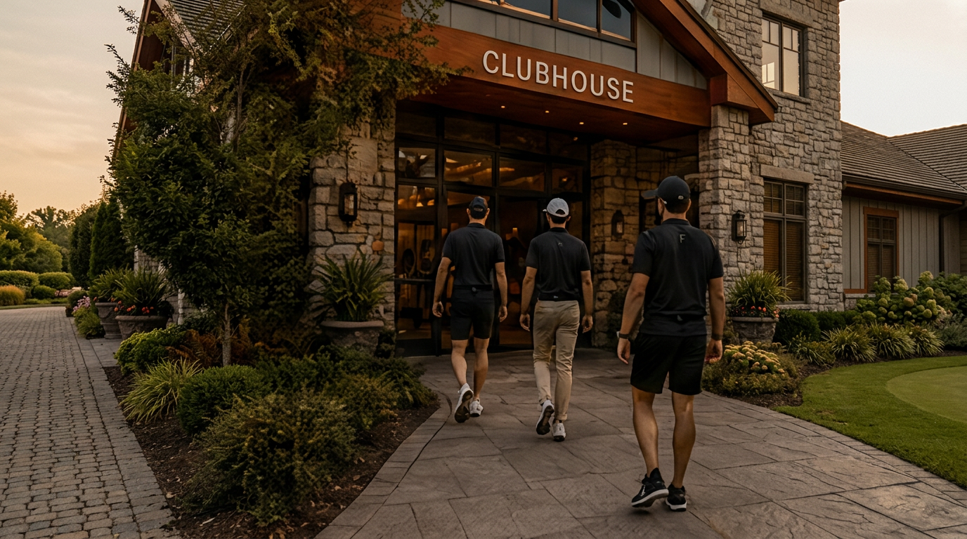Three golfers in black FIFE polos entering a desert clubhouse