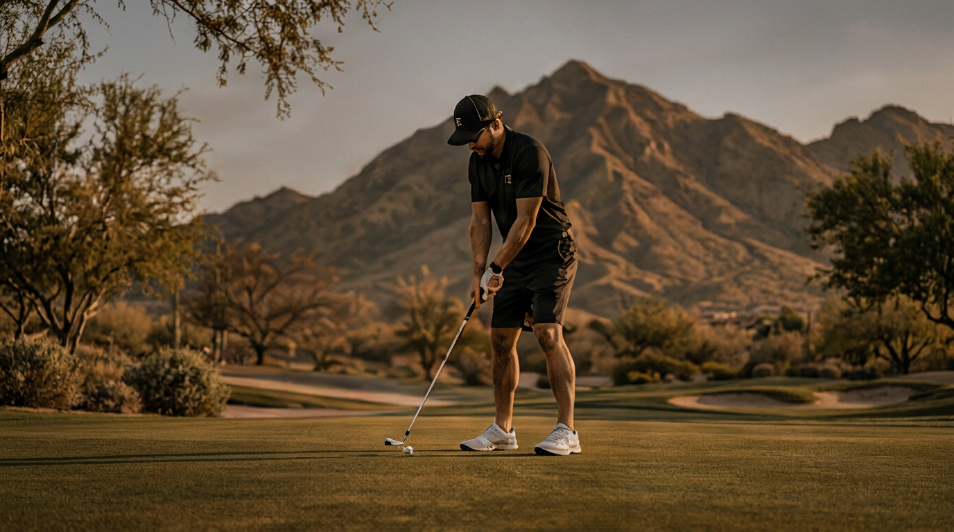Golfer addressing the ball on a fairway wearing a black FIFE polo
