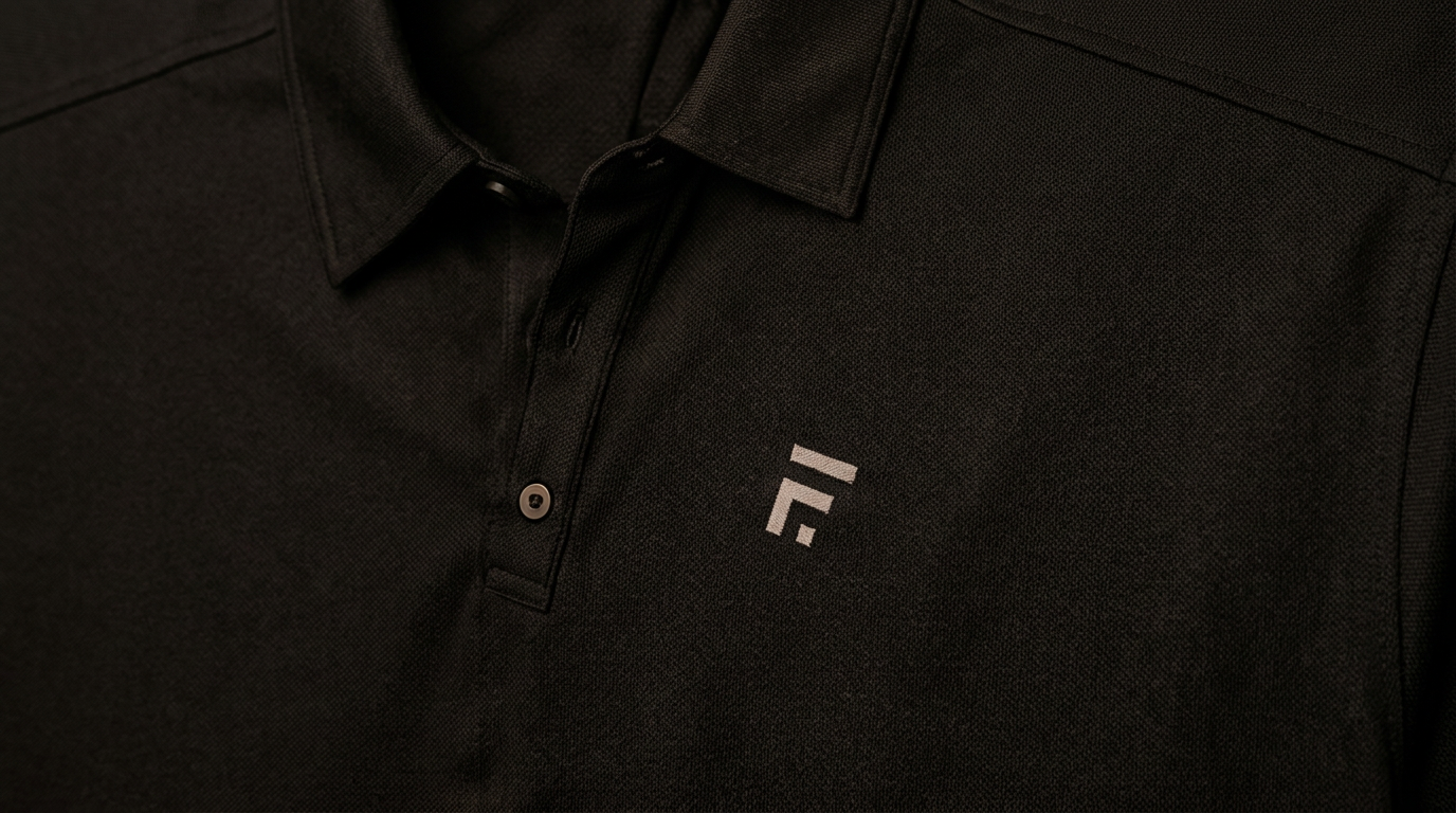 Macro detail of a black technical golf polo with tonal embroidered monogram
