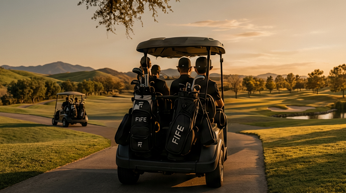 Two golf carts driving down a cart path at golden hour