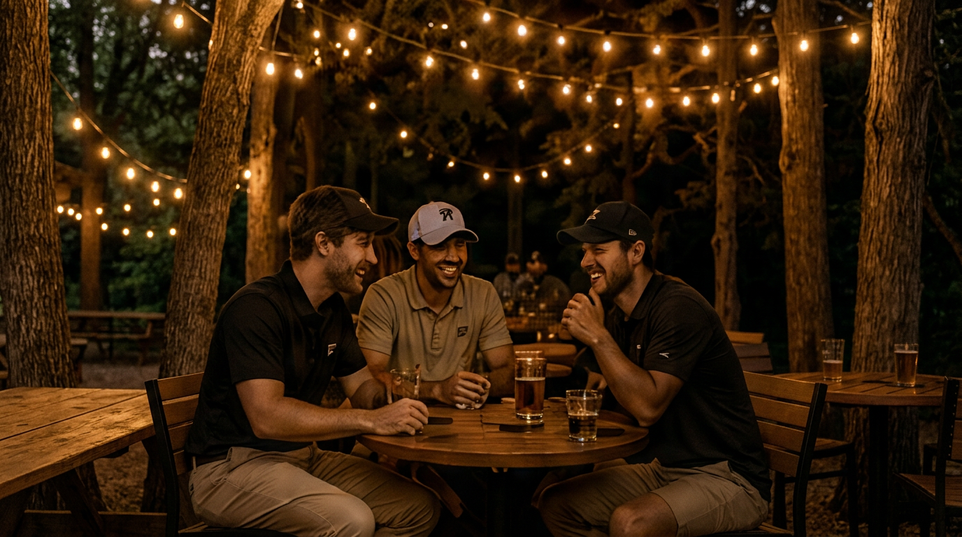 Three friends laughing over drinks after a round of golf