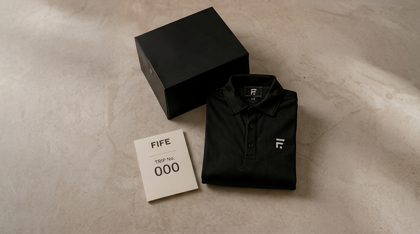 Black FIFE polo folded inside premium black packaging with a trip card